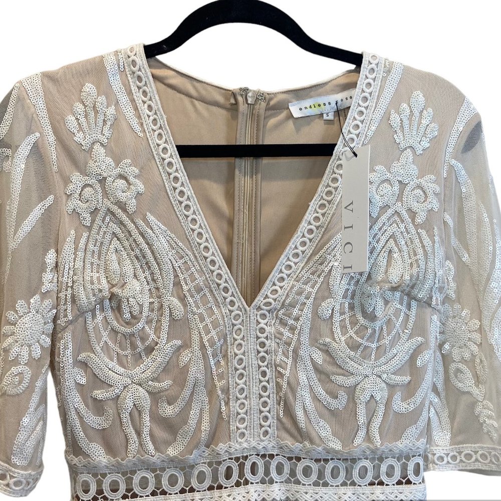 Endless Rose Beaded Brocade Dress Womens Size S White Sequin Nude lining - Picture 4 of 15